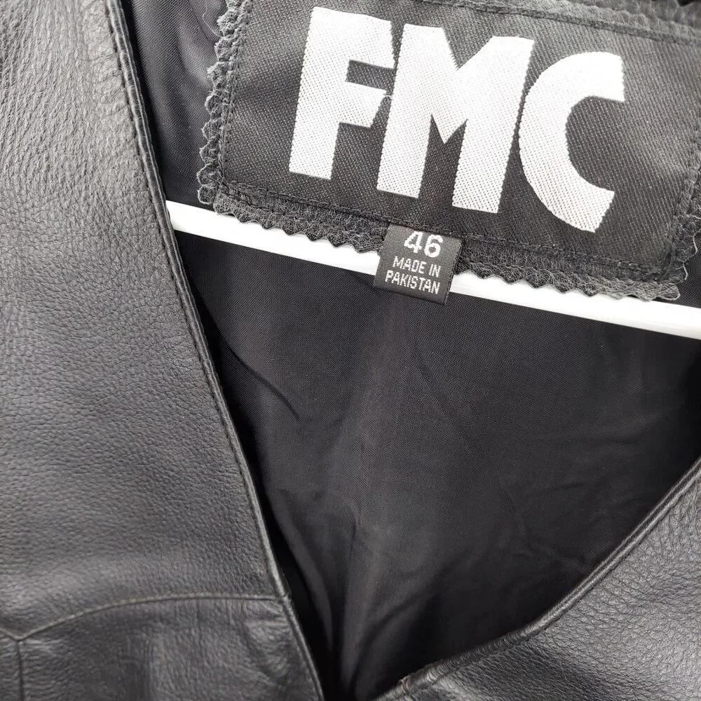 FMC Mens Leather Vest 46 Black Side Laced Grommet Snap Front V-Neck Pockets - Picture 3 of 9